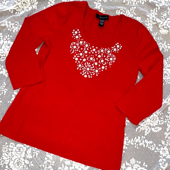 Cable and Gauge POPPY Red Holiday Jeweled Pearl neckline knit top